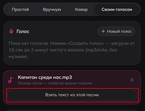Кнопка «Взять текст из этой песни» под загруженным треком в Luvi