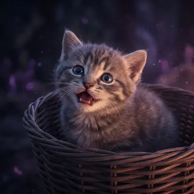 Маленький серый котёнок мяукает в корзинке