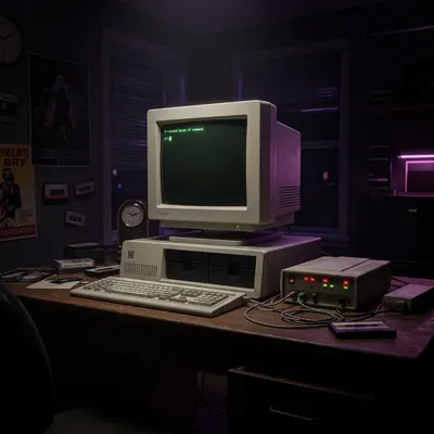 Старый компьютер с ЭЛТ-монитором и dial-up модемом